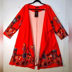 Vibrant orange Floral Kimono Cardigan ¾ sleeve, rayon, size 2XL, Reborn.